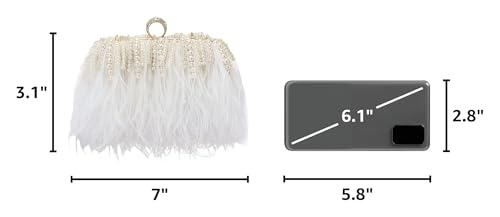 Women Real Natural Ostrich Feather Evening Bags Purses Clutch Vintage Banquet Handbag - color: White With Pearl