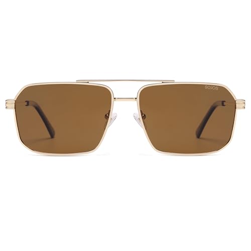 SOJOS Retro Polarized Square Sunglasses for Women Men Vintage Large Double Bridge UV Protection Metal Sun Glasses SJ1246 - color: Gold/Brown