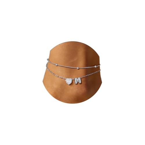 FindChic Silver/14K Gold Plated Layered CZ Initial Ankle Bracelet for Women | Waterproof Stainless Steel, Cubic Zirconia Letter Charm, Non-Tarnish, Hypoallergenic, Adjustable Extender, Summer Jewelry - color: Silver-CZ Heart, size: Medium
