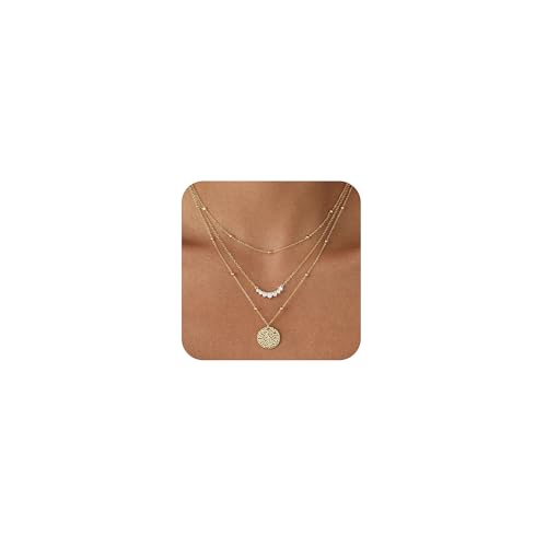 Layered Gold Necklace for Women Trendy 14K Gold Plated Heart CZ Pendant Layered Gold Necklaces Set Coin Choker Necklaces Simple Circle Cubic Zirconia Pearl Necklace Stack Herringbone Paperclip Chain Jewelry Set - style: 3PCS-Zircon round pendant-GD