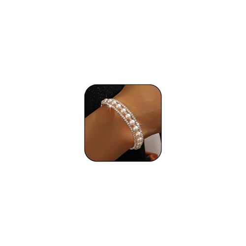 Silver Pearl Bracelet for Women Sparkly Stretch Rhinestone and Pearls Bangle Cuff Adjustable Faux Diamond CZ Bracelets Bling Wedding Costume Jewelry - color: Gold