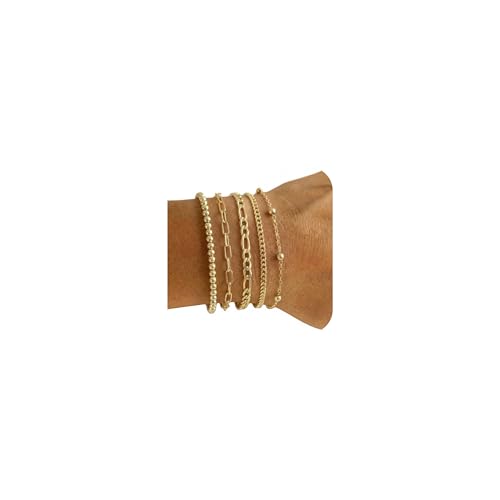 Dainty Gold Bracelets for Women, 14K Gold Plated Stackable Bracelet Set, Adjustable Beaded Cuban Paperclip Herringbone Figaro Snake Rope Chain Jewelry - style: Set5 Gold 5Pcs
