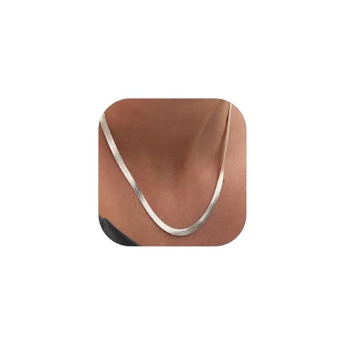 FOCALOOK 14K Gold Plated Necklaces for Women, Fashion Herringbone Choker Necklace Stainless Steel Flat Snake Chain 3/5MM(W) 12.5"/15"/18"+3.5"(L) - color: 5MM-Silver-18"
