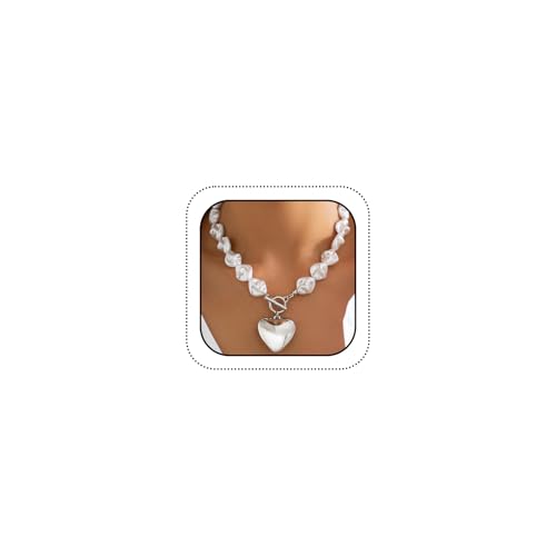 Statement Chunky Gold Heart Pendant Necklace for Women Trendy Boho Baroque Pearl Chain Choker Big Silver Love OT Buckle Necklaces Party Prom Jewelry Gift - color: Silver