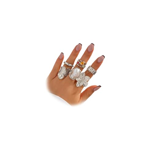 6Pcs Gold Flower Crystal Chunky Knuckle Rings Stacked for Women, Statement Stack Zirconia Hammered Geometry Irregular Baroque Pearl Open Ring Jewelry Gift - color: Silver