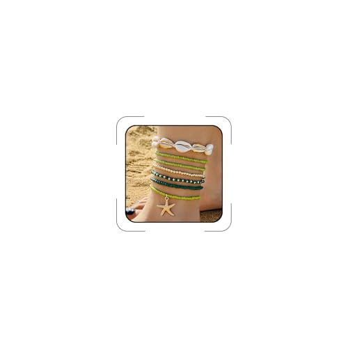 Shell Anklets Bracelet for Women Waterproof Surfer Starfish Bracelet Puka Shell Anklet Colorful Boho Stack Stretch Bead Bracelet Set Hawaii Summer Beach Vacation Foot Jewelry - color: Green