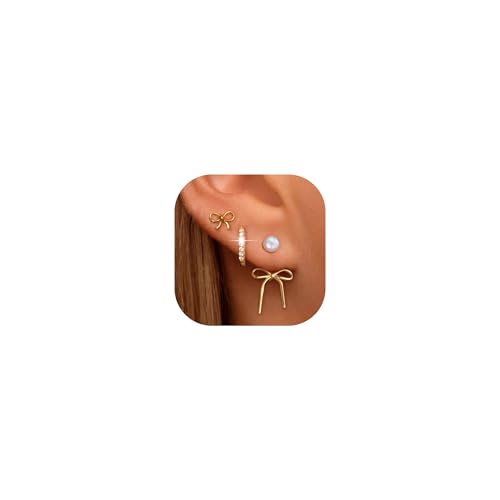 6 Pairs 14K Gold Plated Stud Earrings for Women, Hypoallergenic Cartilage Earrings for Multiple Piercing, Dainty Small Stackable Earrings Set for Jewelry Gift - color: Gold-Bow+pearl
