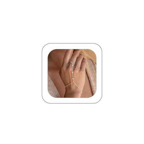 Dainty Gold Hand Chain Bracelet for Women Trendy,Ring Bracelet Hand Chain Bracelets Simple Finger Rings Slave Bracelets Boho Summer Beach Jewelry Accessories - color: Silver cz3
