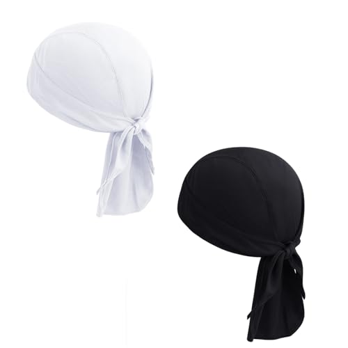 PURFUN Men Women Breathable Cycling Bandana Headscarf Adjustable Sweat Wicking Quick Dry Mesh Head Scarf Wrap Liner Skull Cap - color: 2pcs/White+black