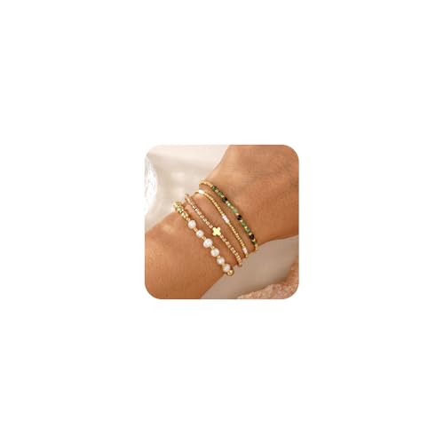 4pcs Gold Beaded Pearl Bracelets Set for Women Multi Layer Versatile Stackable Stretch Cuff Sparkly Stone Crystal Gemstone Jewelry Birthday Gifts - color: Green Agate