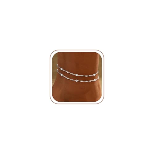 Ankle Bracelets for Women - 14K Gold Plated Waterproof Cuban Water Wave Chain Beads Rhinestone Anklets Set Layered Anklet Bracelets for Women Gold Jewelry Gift - color: Silver - Singapore Chain