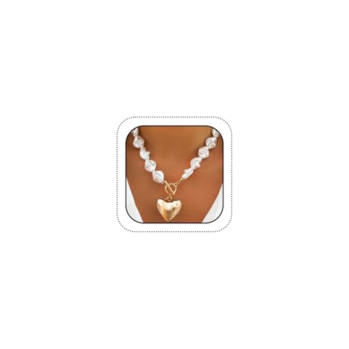 Statement Chunky Gold Heart Pendant Necklace for Women Trendy Boho Baroque Pearl Chain Choker Big Silver Love OT Buckle Necklaces Party Prom Jewelry Gift - color: Gold