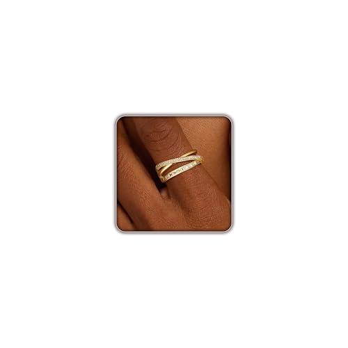 FISSEN JEWELRY Gold Rings for Women, Non Tarnish Dainty 14k Gold Plated Silver CZ Cross Ring Cute Cubic Zirconia Pinky Thumb Stackable Band Silver Finger Rings Size 6-10 Jewelry for Her - color: Gold Diamond Multi Layer