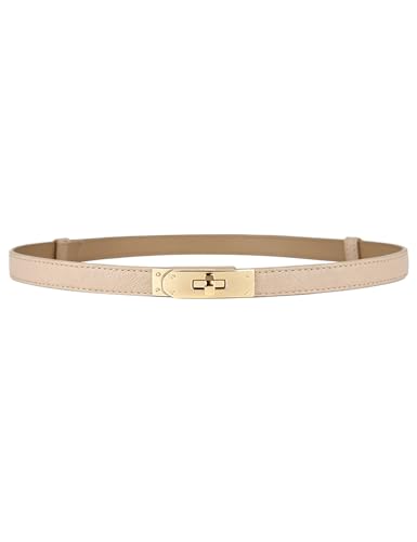 BEMYLV Skinny Belts for Women Dresses Turn-Lock Gold Buckle Adjustable Fashion Waist Belt for Pants Jeans Business Casual - color: Light Khaki