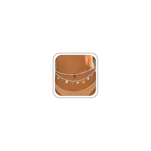 Gold Waist Chain for Women - 2Pcs Layered Body Chain Jewelry with Pearl Shell Beads, Adjustable Mermaid Belly Chain & Bohemian Waist Beads for Beach Summer Vacation Body Jewelry - style: shell A style