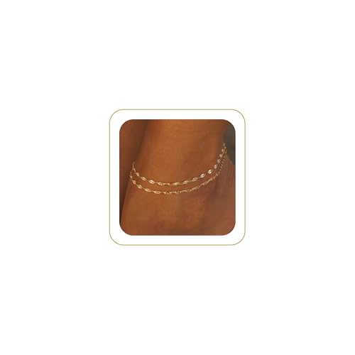 Tewiky Sterling Silver Plated Ankle Bracelets for Women,Dainty Layered Waterproof Anklet for Women Adjustable Sparkly Herringbone Beaded Rope Chain Set Stackable Cute Summer Beach Jewelry Gift - color: gold3