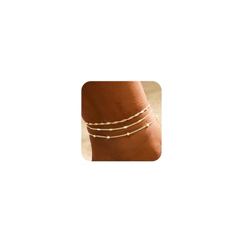 2/3 PCS Gold Anklets for Women Waterproof Cuban Link Anklet Beaded Bracelets Stackable Bracelets 14K Gold Plated Custom Jewelry Gifts Non Tarnish Lightweight - style: Gold Anklet 08