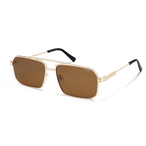 SOJOS Retro Polarized Square Sunglasses for Women Men Vintage Large Double Bridge UV Protection Metal Sun Glasses SJ1246 - color: Gold/Brown