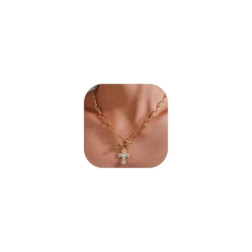 Chunky Cross Necklace for Women, 14K Gold/Silver Plated Statement Paperclip Chain Double Cross Pendant Necklaces Non Tarnish for Faith Religious Christian Jewelry Gifts - color: Gold2