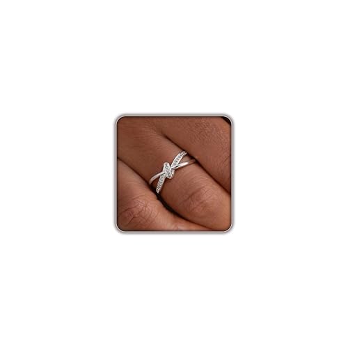 FISSEN JEWELRY Gold Rings for Women, Non Tarnish Dainty 14k Gold Plated Silver CZ Cross Ring Cute Cubic Zirconia Pinky Thumb Stackable Band Silver Finger Rings Size 6-10 Jewelry for Her - color: Silver Diamond Knot