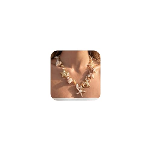 Shell Starfish Necklace for Women, Gold Plated Boho Layered Pendant Necklace with Pearl Conch Charm, Dainty Coastal Summer Beach Vacation Jewelry Gifts - style: Conch Starfish 1Pcs