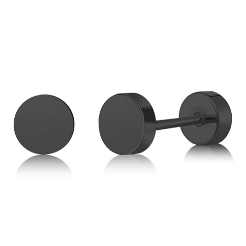 ZDE Women Earrings Flat Back Dot Earrings Titanium Hypoallergenic Cartilage Non-Nickel Earrings Studs for Sensitive Ears Simple Classic 3mm/4mm/5mm/6mm Screw On Stud Earring - color: Black, size: 5MM