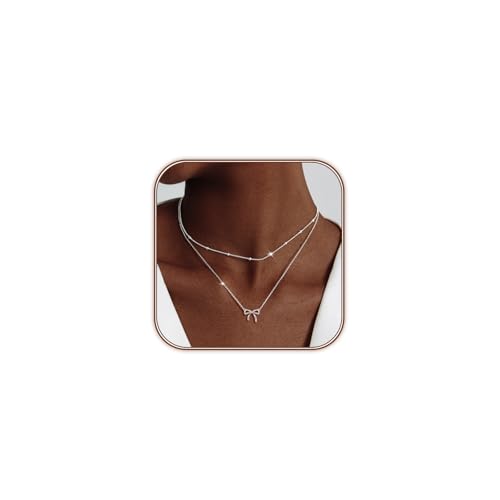OGD Gold Necklace for Women, Bow Necklace 14K Layered Gold Necklace Dainty Bow Pendant Choker Necklace Trendy Bow Necklace Gold Chain Necklaces for Women Jewelry Gift - color: Silver Bow-2PCS