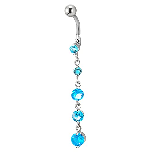 COOLSTEELANDBEYOND Belly Chain Belly Button Ring Body Jewelry Piercing Navel Ring with Long Dangle Cubic Zirconia - color: E-Metal Color:Silver; Stone Color:Blue