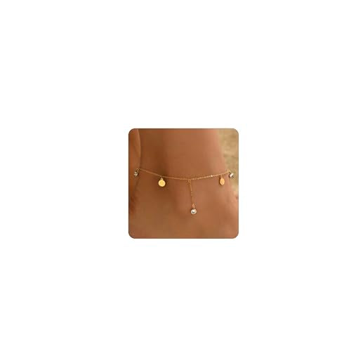 Anklet Bracelets for Women 18K Gold Plated Tennis Anklets Dainty Sapphire Paperclip Pearl Sequin Droplet Adjustable Large Anklet Bracelets Simple Beach Summer Waterproof Foot Jewelry - color: Sequin CZ-Gold