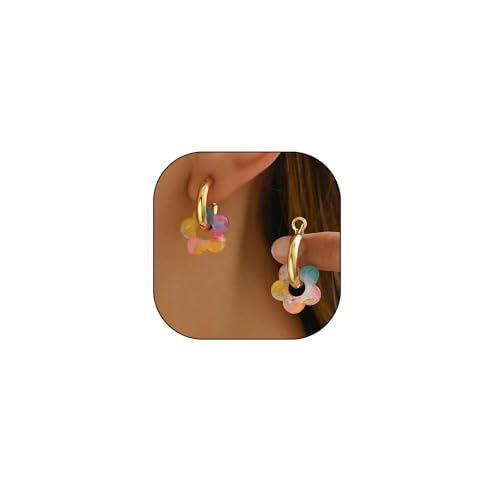 Chunky Acrylic Gold Small Flower Hoop Huggie Earrings, Colorful Boho Ear Piercing Dangle Drop Earrings, Dainty Chic Charm Jewelry Gift - color: Colored
