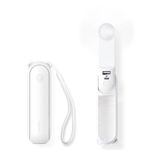 JISULIFE 3 IN 1 Handheld Mini Fan - Portable Fan & Power Bank & Flashlight, 19H Max Cooling, USB Rechargeable, Pocket-Sized for Travel, Cruise, Concerts, Makeup, 2026 Summer Gifts for Women(White) - color: White