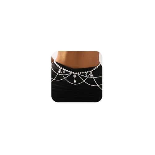 MODRSA Silver Gold Belt Chain Belt for Women Fashion Plus Size Pearl Waist Chains Metal Layered Gold Belts Chains no Tarnish Trendy Pirate Belly Belts for Women Dress Sun Moon Star Waist Jewelry - color: A2- Pearl - silver