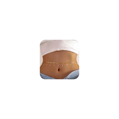 14K Gold Plated Waist Chain for Women, 2Pcs Adjustable Pearl Beads Body Chain, Sexy Layered Summer Beach Bikini Belly Jewelry Accessories - style: Figaro&Pearl