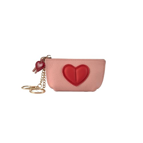 Red Heart Design Small Coin Purse - Cute Compact Keychain Change Purse Soft Leather Wallet with Zipper for Women (Pink) - color: Pink