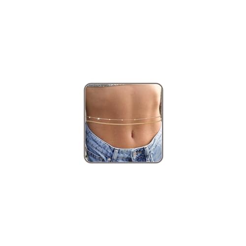 Gold Body Chain for Women Belly Waist Chain Sexy Bikini Beach Jewelry for Women Waterproof Cute Hips Stomach chain Belt Summer Vacation Accessories Gift For Her Boho Jewelry Adjustable 26.5-37Inch - style: L.2pcs Beads+Cuban Chain