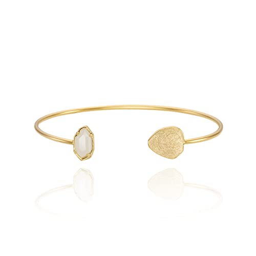 OZEL – Women’s Gold Cuff Bracelets – 18K Gold Plated Textured Bangles with Multi-Color Crystal & Rhinestone Accents – Layered Stacking Jewelry - color: White Opal