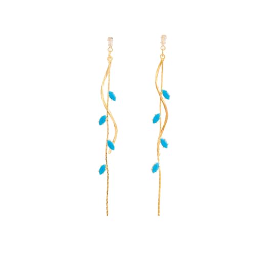 Temperament Long Zircon Tassel Earrings for Women Charm Jewelry Sparkling Crystal Leaves Twist Dangle Earrings for Friends - color: Gold-Bule Leaves