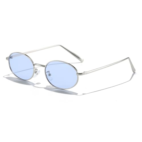 Retro Oval Sunglasses for Women Men 90s Trendy Small Round Gold Sun Glasses Fashion Narrow Metal Frame Shades - color: Silver/Blue