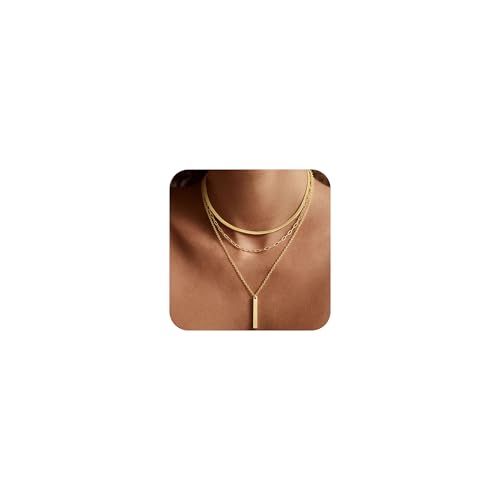BERISO 14K Gold Plated Layered Necklace for Women, 3 Layer Dainty Gold Necklace with Minimalist Pendant, Elegant Everyday Gold Jewelry Gift - style: layered necklace-F