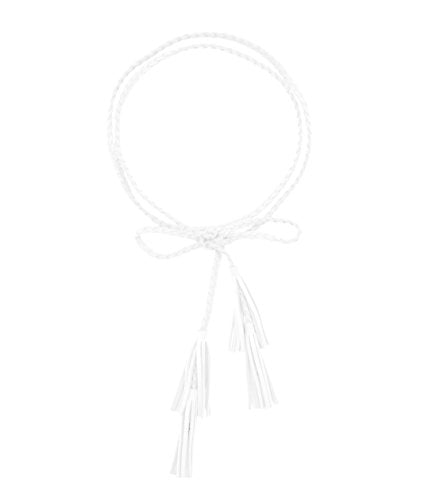 TeeYee Women Girls Multi Colors Braided Waist Tie Belt/Rope/Chain with Tassel Fringe Wrap Cloth Belts for Ladies Dress Pants - color: White
