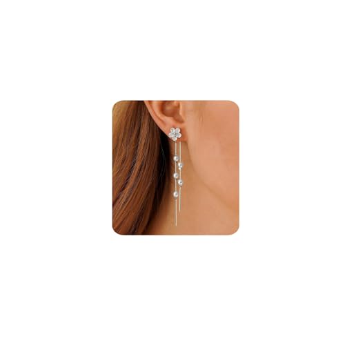 MUMREUES Gold Earrings for Women Trendy 14k Gold Plated Cubic Zirconia Flower Dangle Earrings Hypoallergenic Dainty Pearl Drop Chain Earrings Jewelry Gifts for Her - color: Flower & Silver