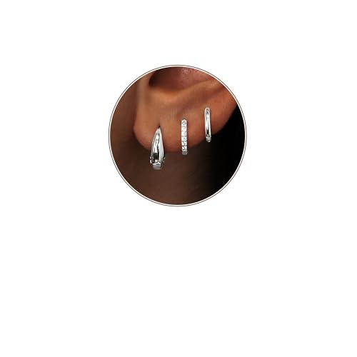 Poxtex Small Sterling Silver Huggie Hoop Earrings Set for Women, Hypoallergenic 14K Gold Plated Hoops Stacks for Multiple Piercings, Dainty Cute Mini Lightweight Cartilage Studs Trendy Jewelry Gift - color: Silver-moon hoop