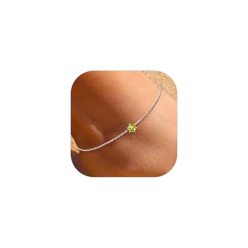 ChicSilver 925 Sterling Silver Anklets for Women, Simple Dainty Round/Heart Birthstone Ankle Bracelet Beach Foot Jewelry, 8.7-10.7 Inch Adjustable - color: 08. Round - August(Peridot)