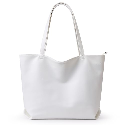 WLLWOO Soft Vegan Leather Tote Bag for Women Large Casual Hobo Handbags Zipper Shoulder Work Daily Weekender Travel Purse - color: White