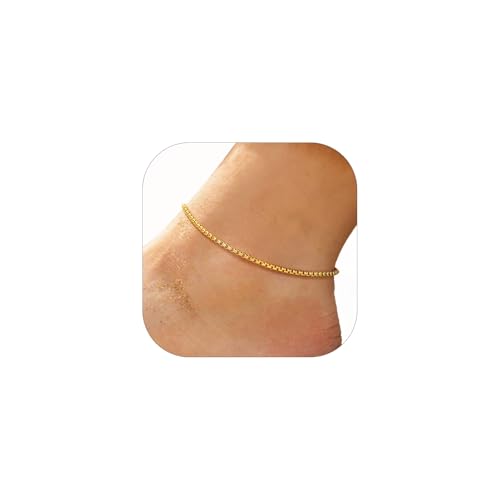 FindChic Stainless Steel Ankle Bracelets for Women, Waterproof Figaro/Cuban/Box/Beaded Chain Anklets, Summer Beach Foot Jewelry, 8.5''-10.5'' Adjustable Length, with Gift Box - style: Box Chain-Gold