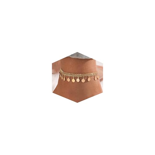 Fesciory Women Heart Anklet Adjustable Beach Layered Ankle Bracelets for Women Gold Alloy Foot Chain Jewelry - color: 3 Layered Disc