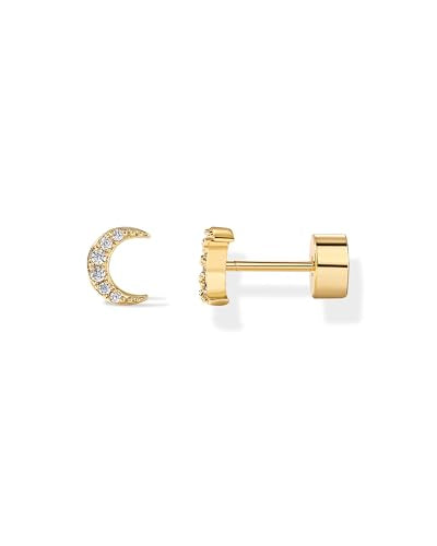 PAVOI 14K Gold Plated Dainty Flat Back Earrings for Women - Hypoallergenic Sterling Silver Posts Helix Cartilage Piercing Jewelry - Emoji Motif Bow Celestial Flatback Gold Stud Earrings Screw Back - style: Moon