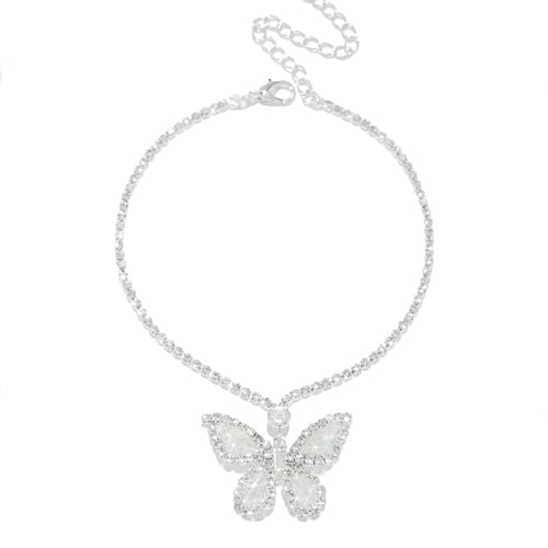 Kokoma Dangle Butterfly Rhinestone Anklet for Women, Shiny Cubic Zirconia Dangling Charm Ankle Bracelet Adjustable Chain Foot Jewelry for Summer Beach