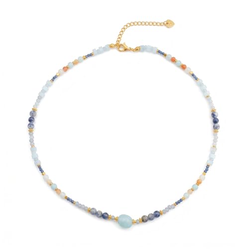 Harlermoon Beaded Necklace for Women, 18K Gold Plated Stainless Steel Natural Stone Crystal Boho Choker, Waterproof Hypoallergenic Jewelry Gift