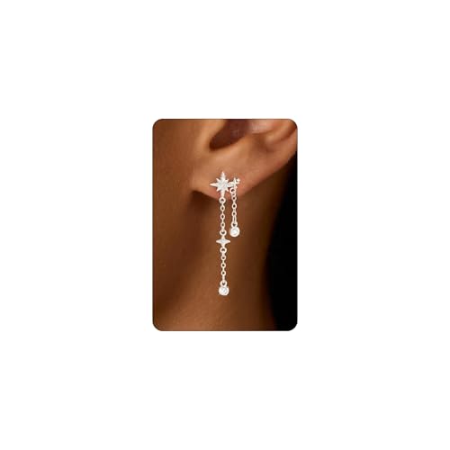 LLWOM 14K Gold/White Gold Plated CZ/Flower/North Star/Leaf Dangle Drop Earrings Studs for Women, Statement Earrings for Wedding Party Prom, Hypoallergenic Jewelry Gift - color: Silver North Star